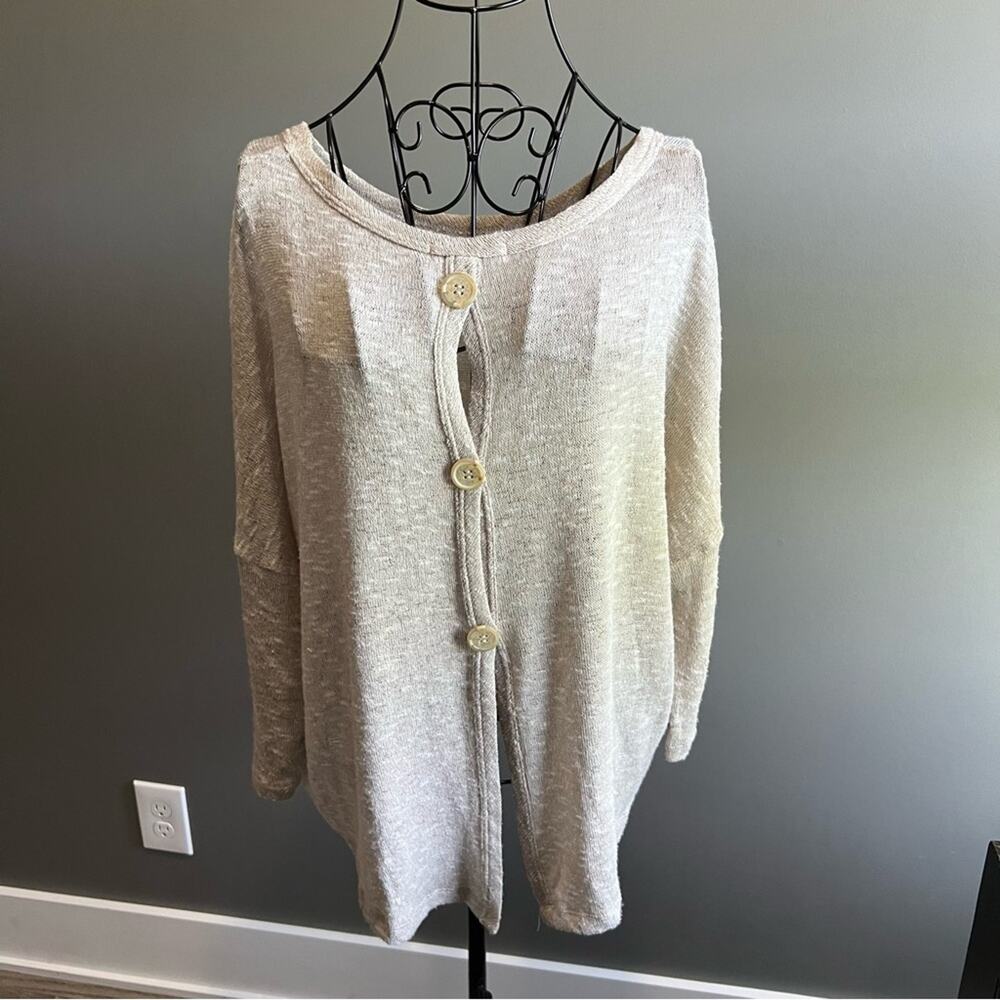 It's Our Time Beige Long Sleeve Lightweight Sweater w back button closure